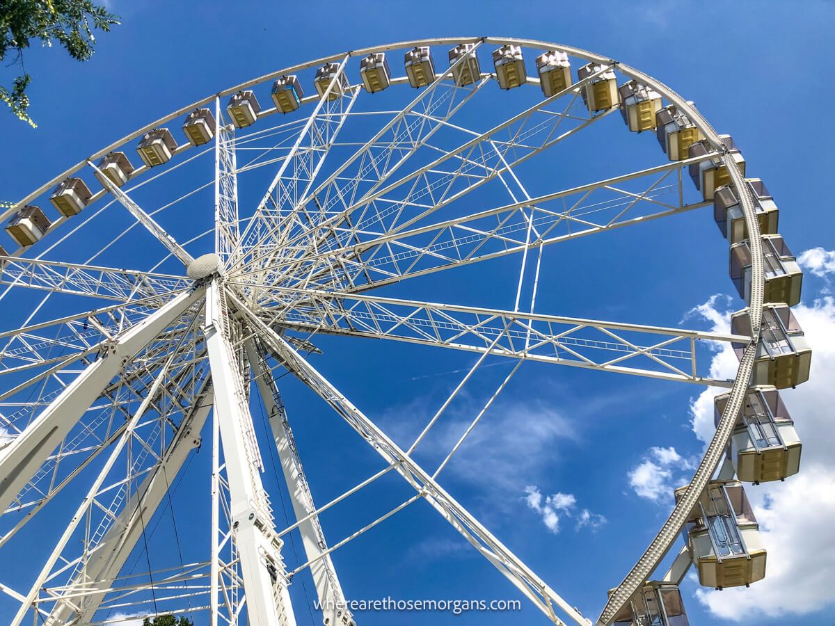Looking up at the Budapest Eye ferris wheel from below on a sunny day