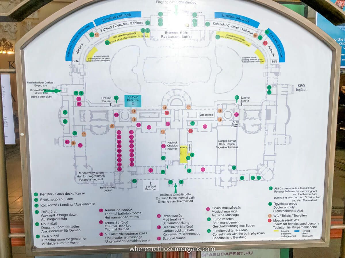 Photo of a wooden board showing a map of Szechenyi Baths spa in Budapest
