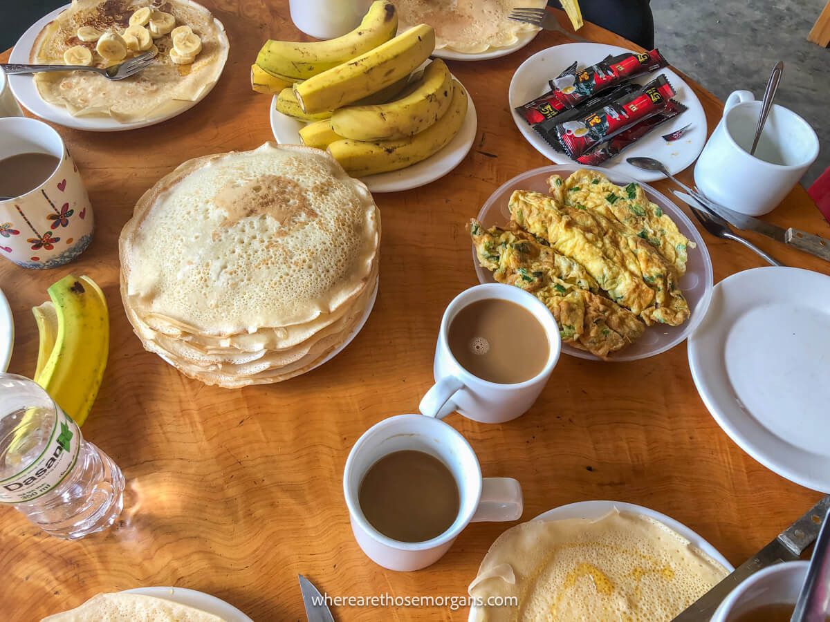 Thin pancakes, eggs and bananas for breakfast at a homestay in northern Vietnam