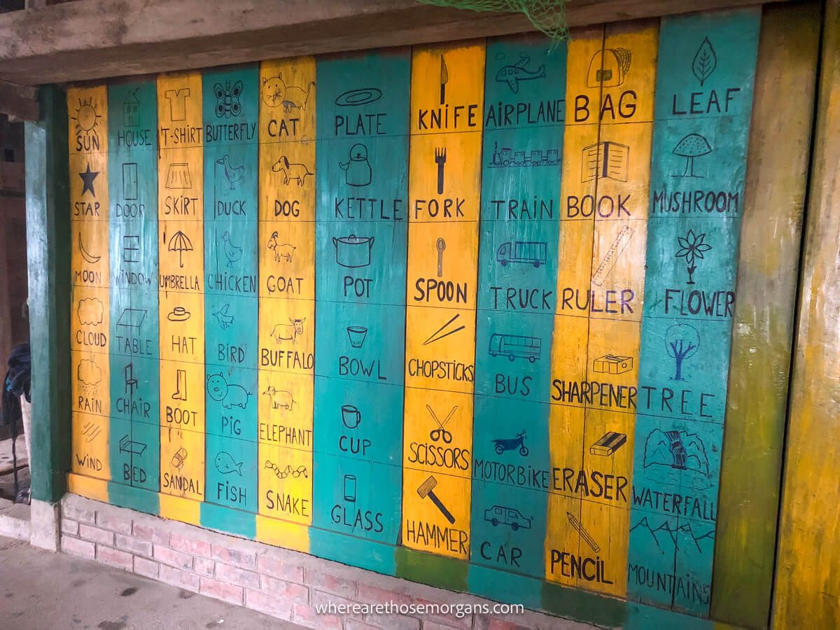 A large wall painted blue and yellow with English words