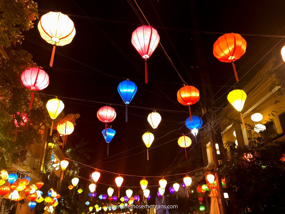 Lanterns hung between buildings in Hoi An
