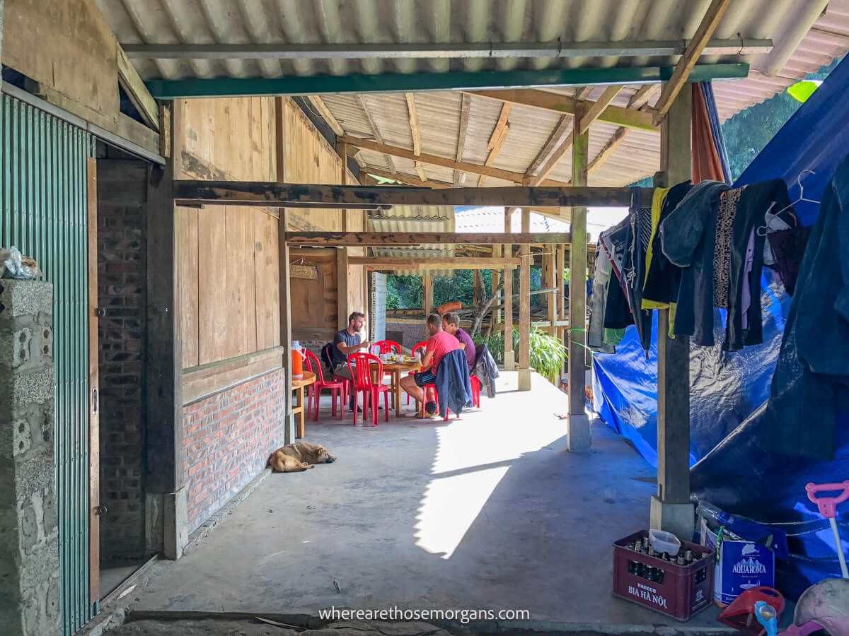 Three people eating breakfast at a homestay