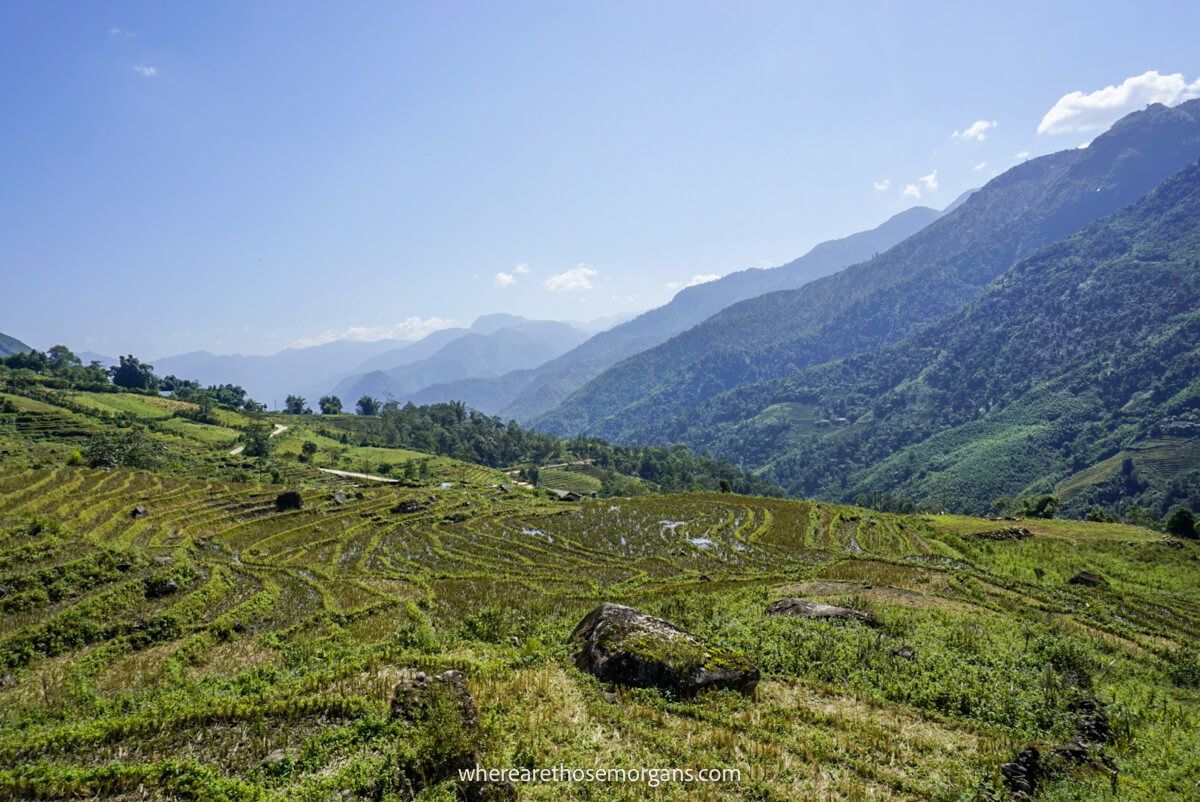 View of the Hoang Lien Mountain range near Sapa on a bright sunny day