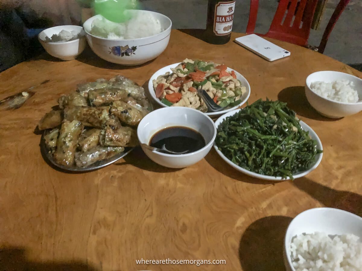 Various food options being served for dinner including spring rolls, rice and morning glory