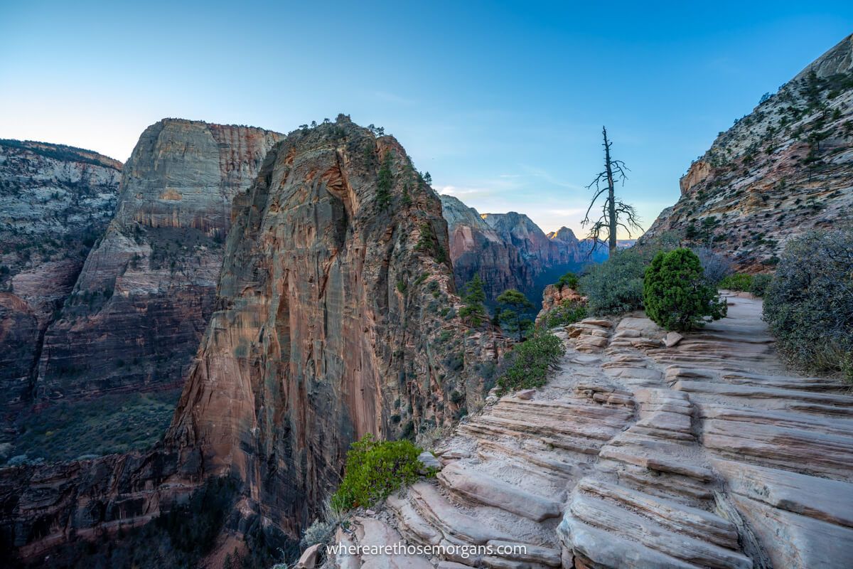 Photo of a rocky hiking path on a narrow ledge with long drops leading to a razor thin climb up a rock inside a deep canyon Angels Landing in Zion