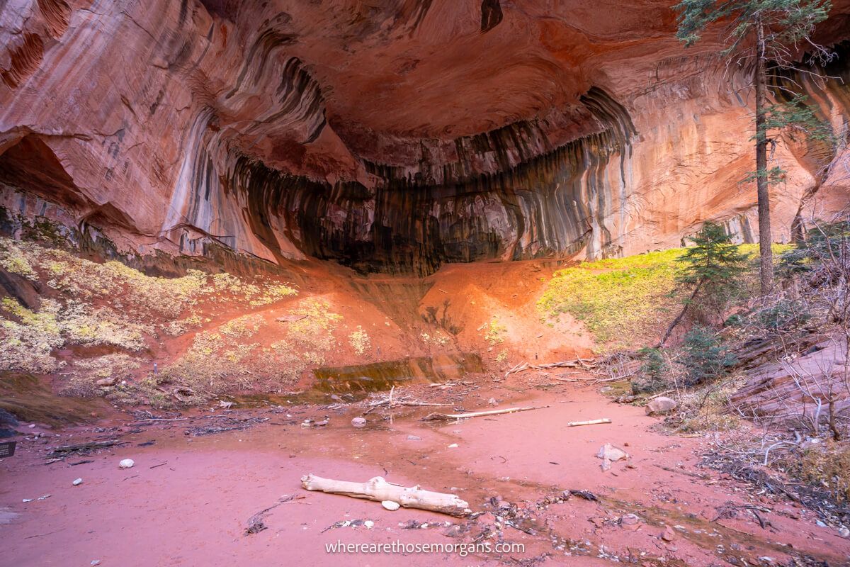 Photo of a huge alcove depression in a red rock formation called Double Arch Alcove with colorful rocks below and pink sand