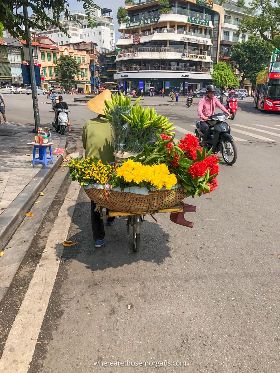 Woman with a large amount of flowers on the back of a bike