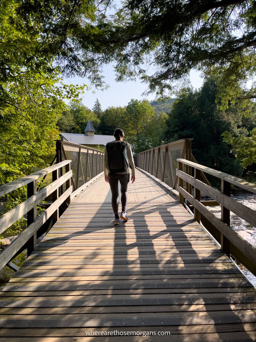 Photo of a hiker walking across a wooden bridge with low hanging trees forming a natural frame