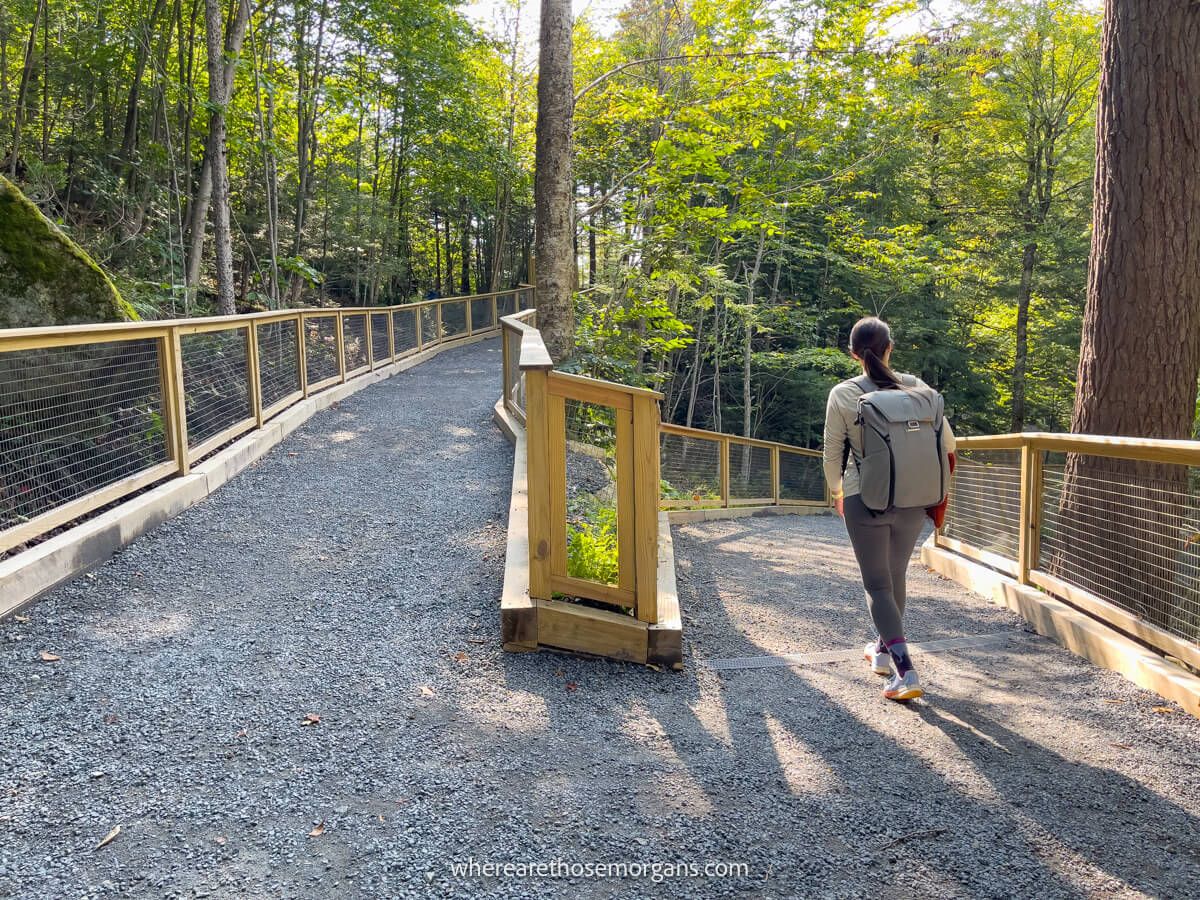 Photo of a hiker walking around a switchback on a gravel hiking trail inside a forest