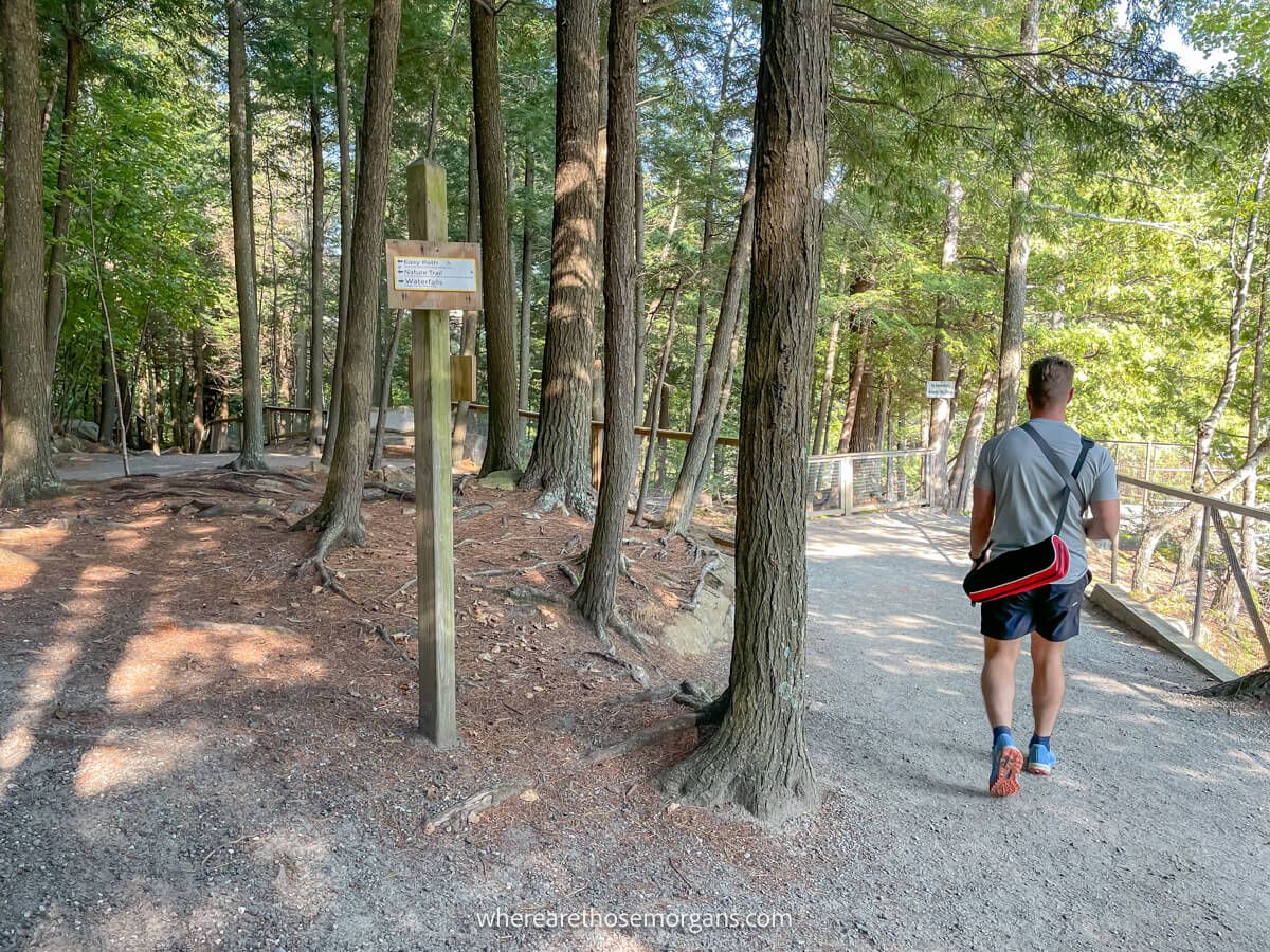 Photo of a hiker walking through a flat forested section of the High Falls Gorge Trail in Lake Placid