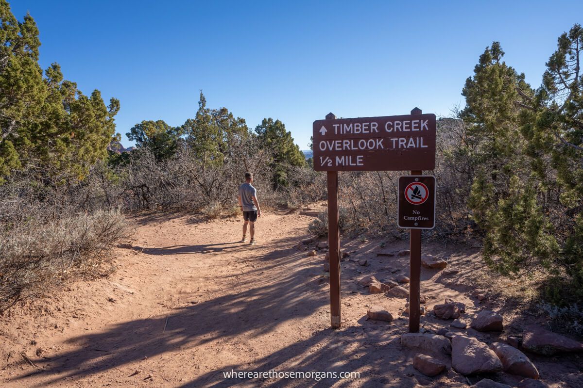 Photo of a walker on a dirt path surrounded by vegetation and trees under a blue sky with a brown sign showing directions
