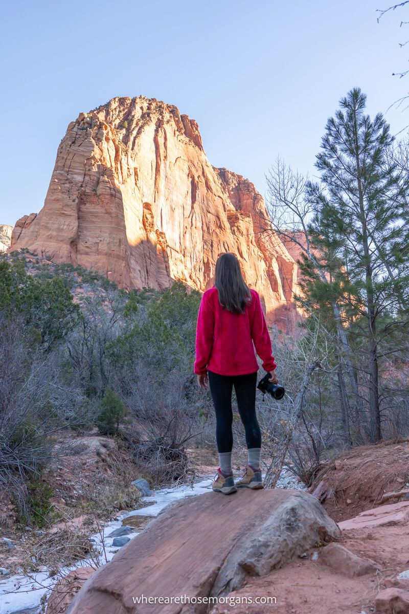 Photo of a hiker in a pink fleece holding a camera stood on a rock looking up at a tall red rock formation in Utah