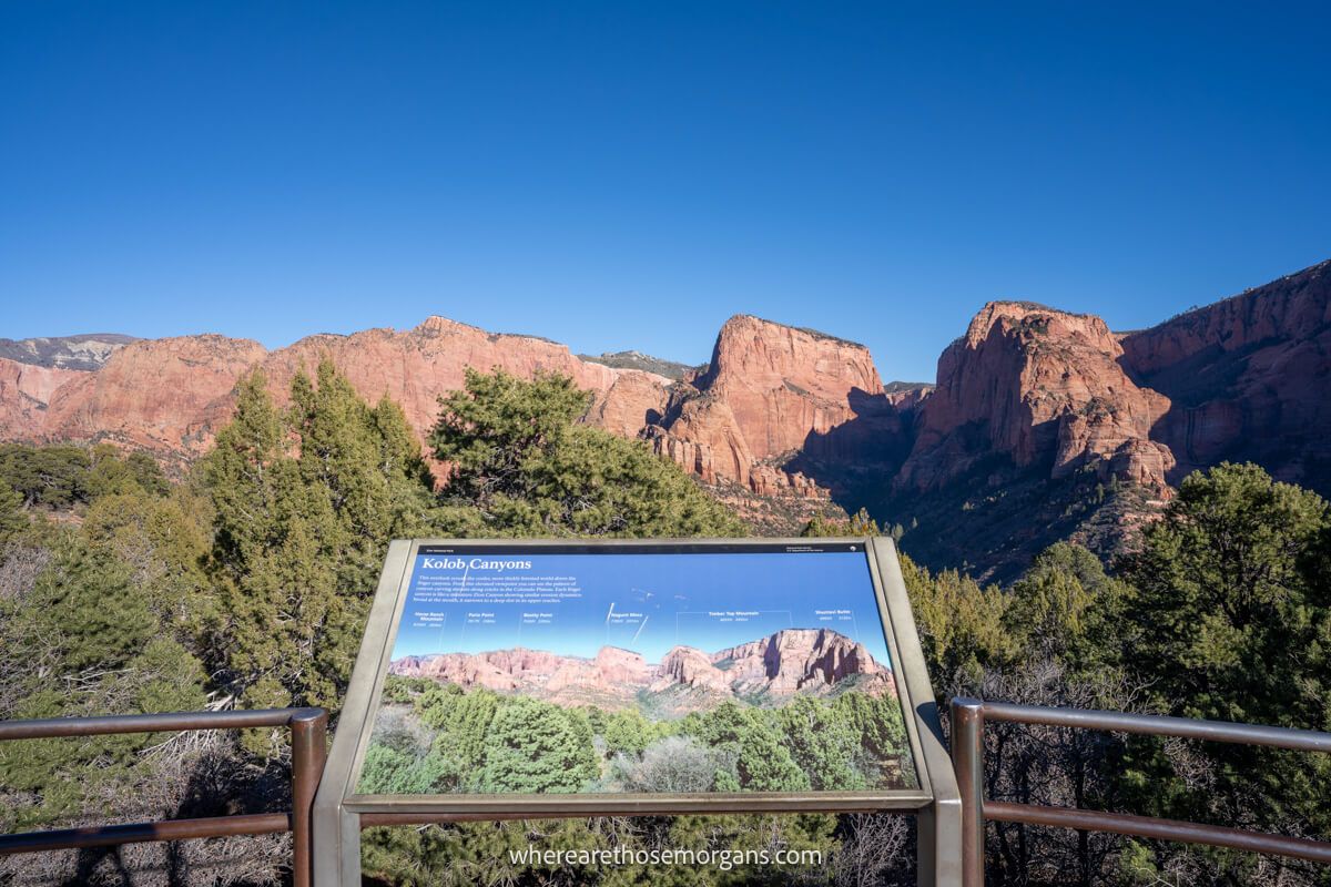 Photo of a Kolob Canyon information board showing what's in the view overlooking red rock mountains