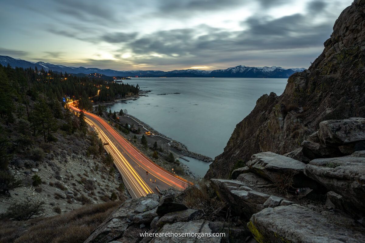 Red and white lights on a highway in Lake Tahoe