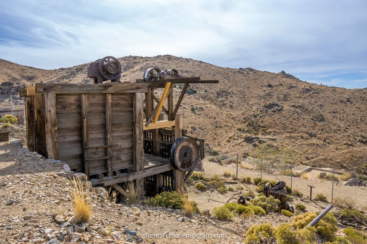 Photo of an old wooden mine entrance in the California desert