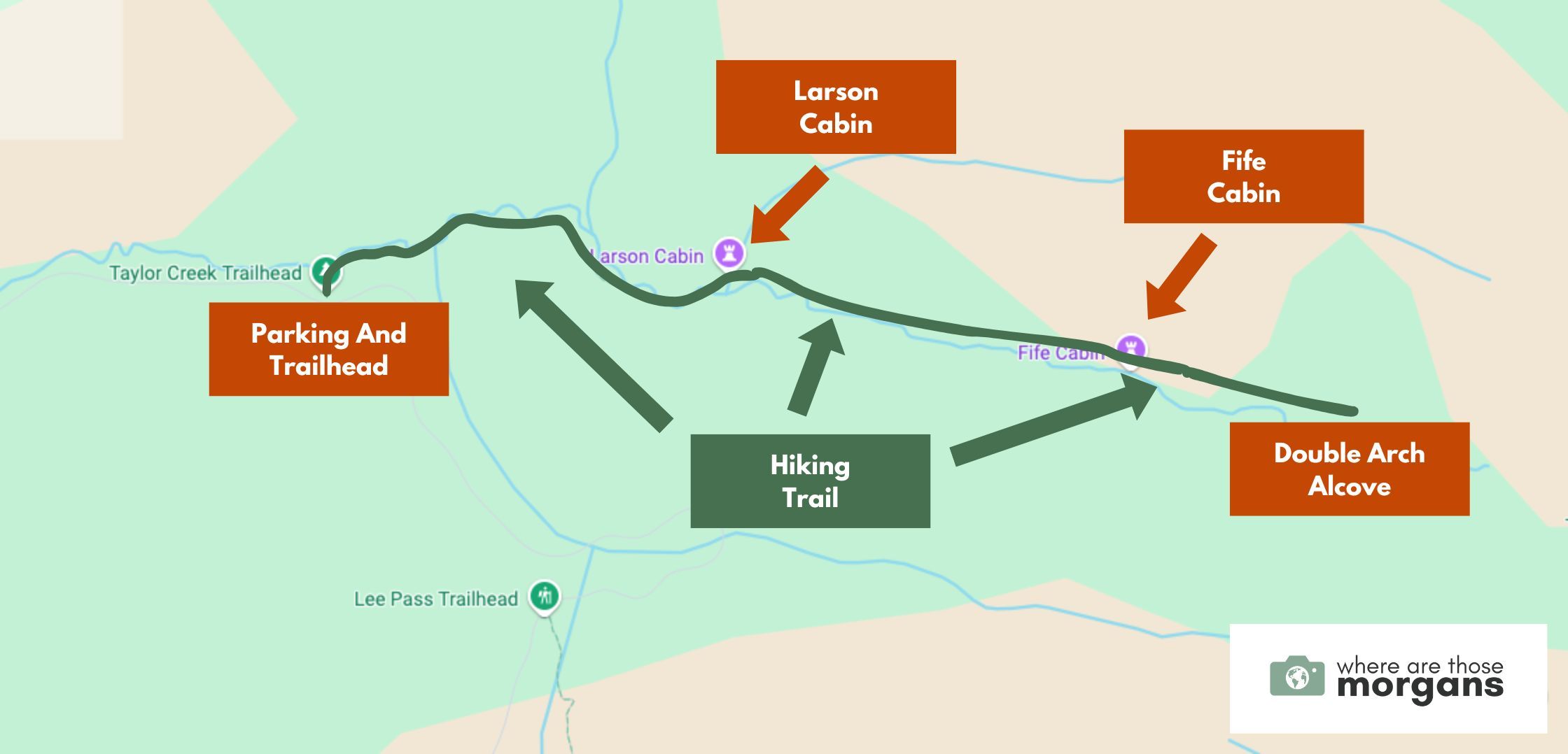 Map showing the hiking route for Taylor Creek Trail in Zion created by Where Are Those Morgans