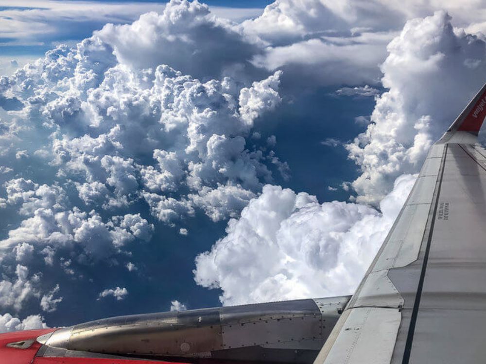 View with clouds and a plane wing from high in the sky