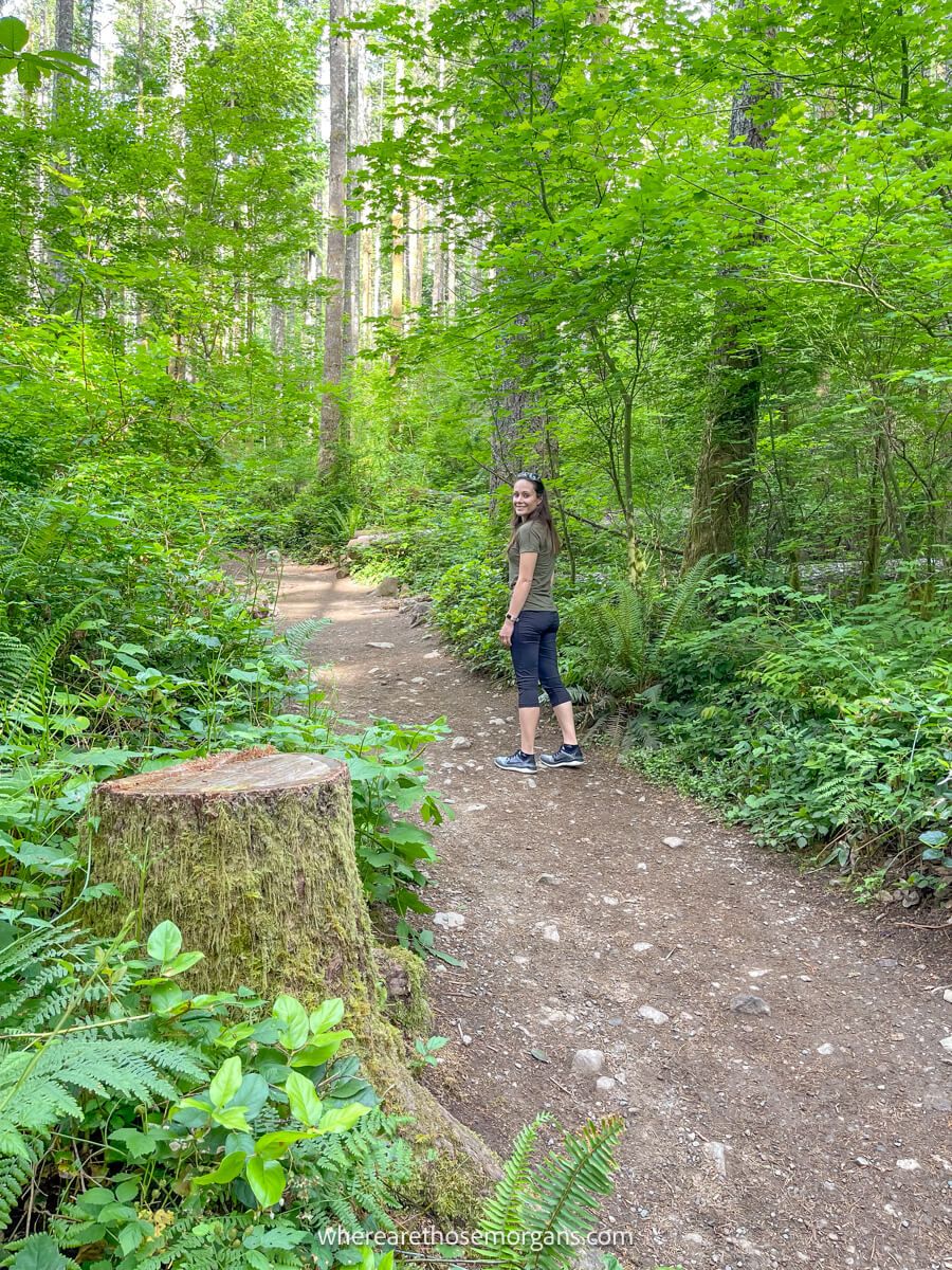 Photo of a person walking up a narrow dirt path between trees and green vegetation inside a forest
