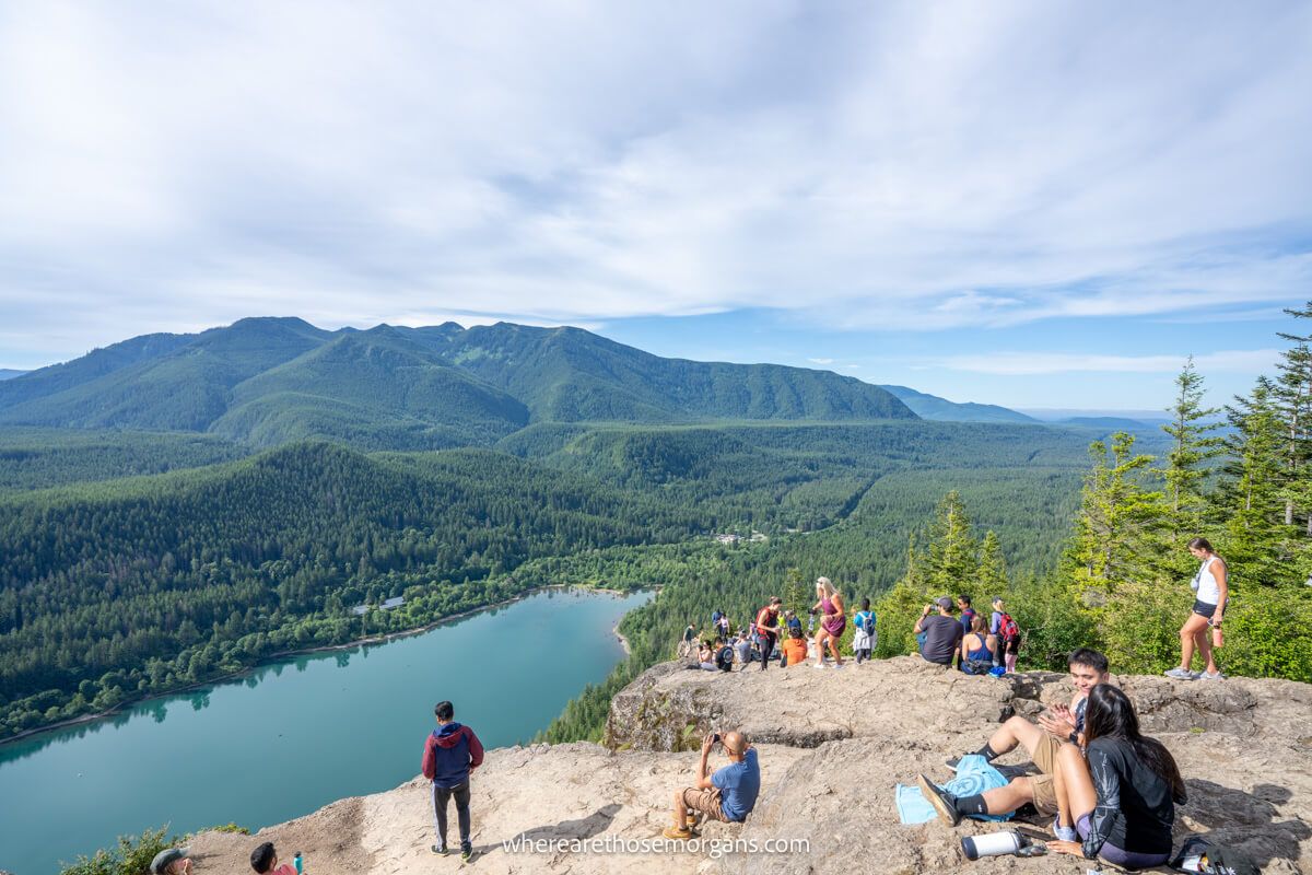 Photo of hikers enjoying the view from Rattlesnake Ledge summit in Washington