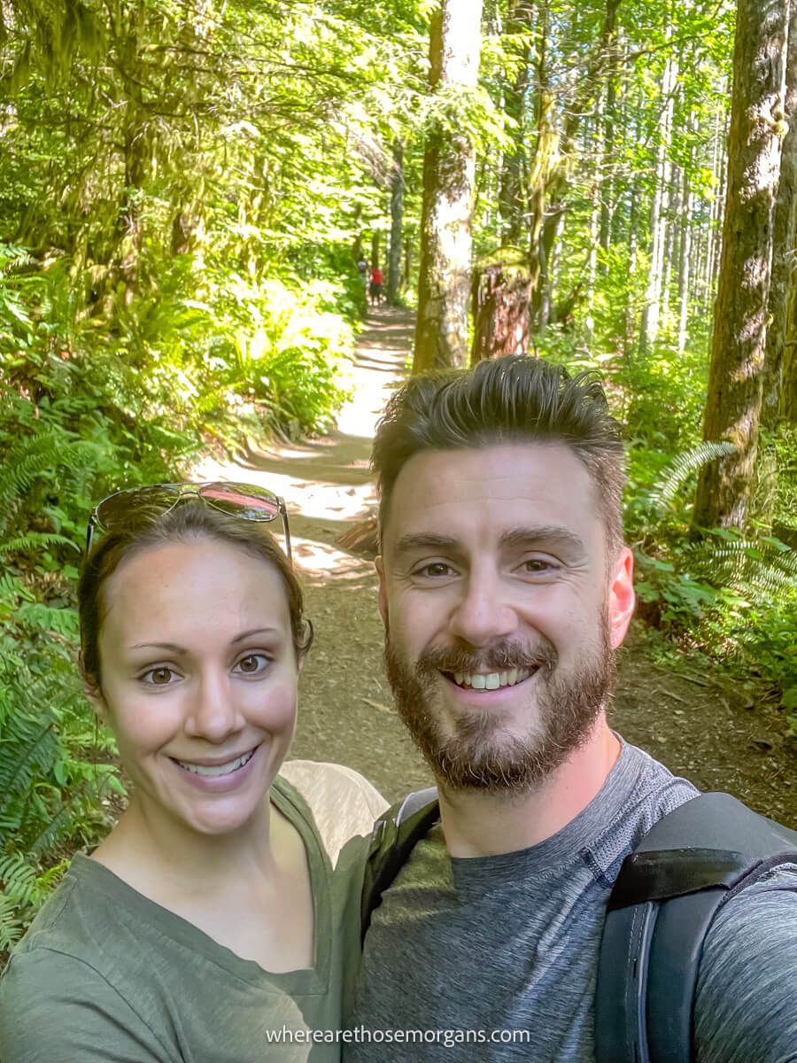 Photo of Mark and Kristen Morgan from Where Are Those Morgans hiking on Rattlesnake Ridge Trail near Seattle