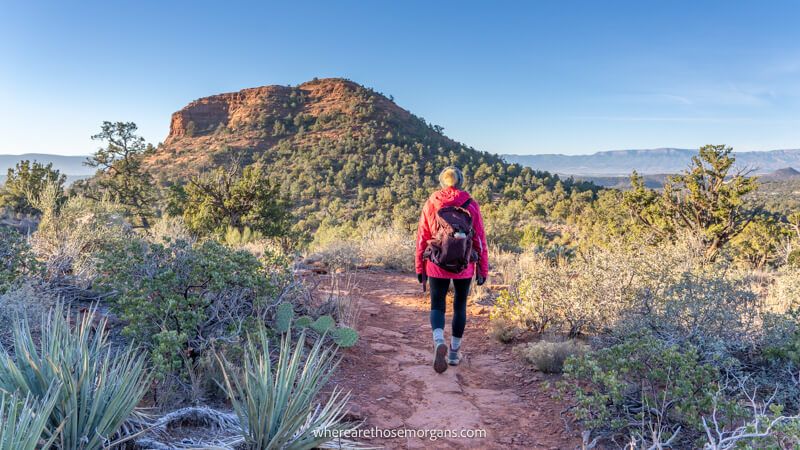 Photo of a hiker in pink coat walking on a narrow dirt path surrounded by desert vegetation towards a red rock mound under a clear blue sky at dawn in Sedona