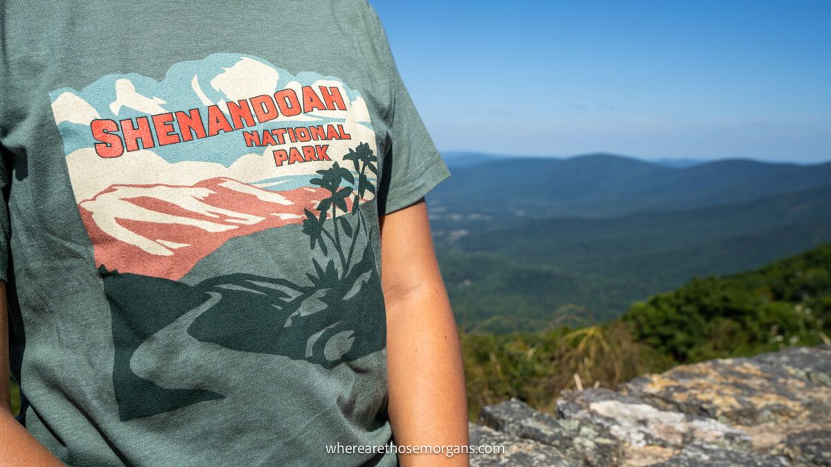 Photo of a person wearing a green t-shirt with views over rolling hills