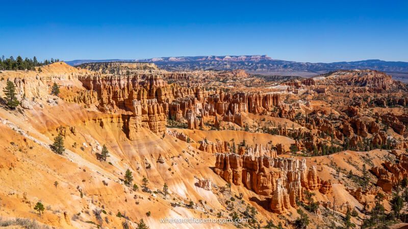 Photo of a sandstone amphitheater with needle-like red rocks sticking up under a clear blue sky in Utah