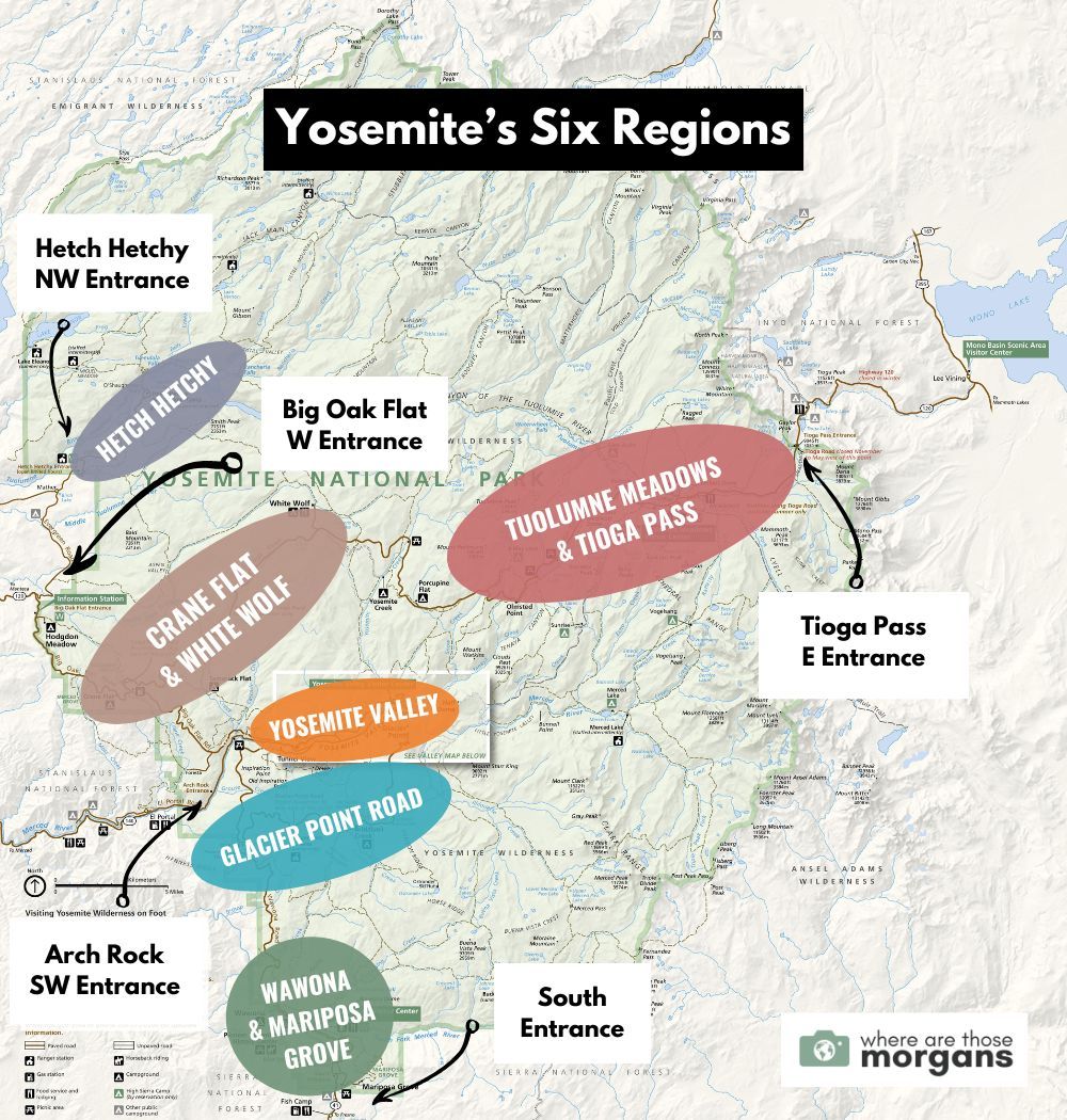 Map created by Where Are Those Morgans showing the six visiting regions inside Yosemite National Park with each entrance also indicated