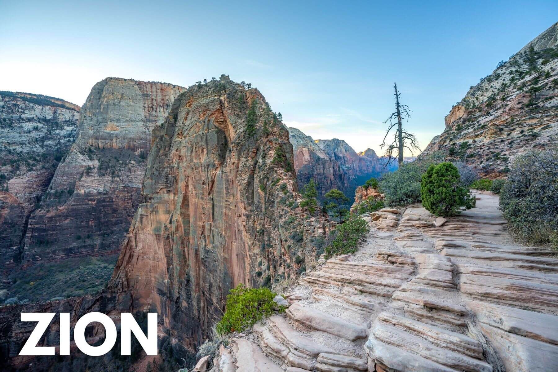 Photo of a narrow rocky hiking trail in Zion National Park at dawn leading to a shark-fin shaped rock formation with severe drops to either side and the word Zion in white letters