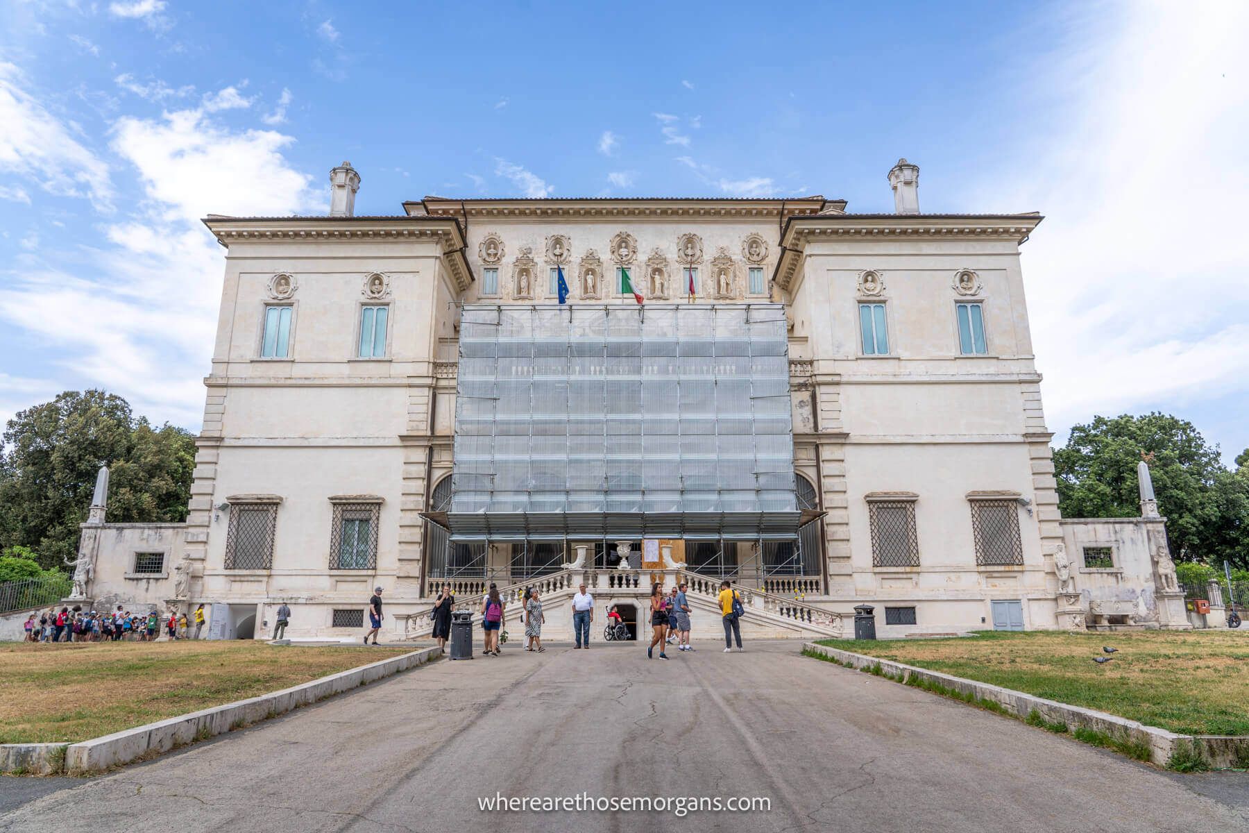 Photo of the outside of the Borghese Gallery in Rome on a sunny day