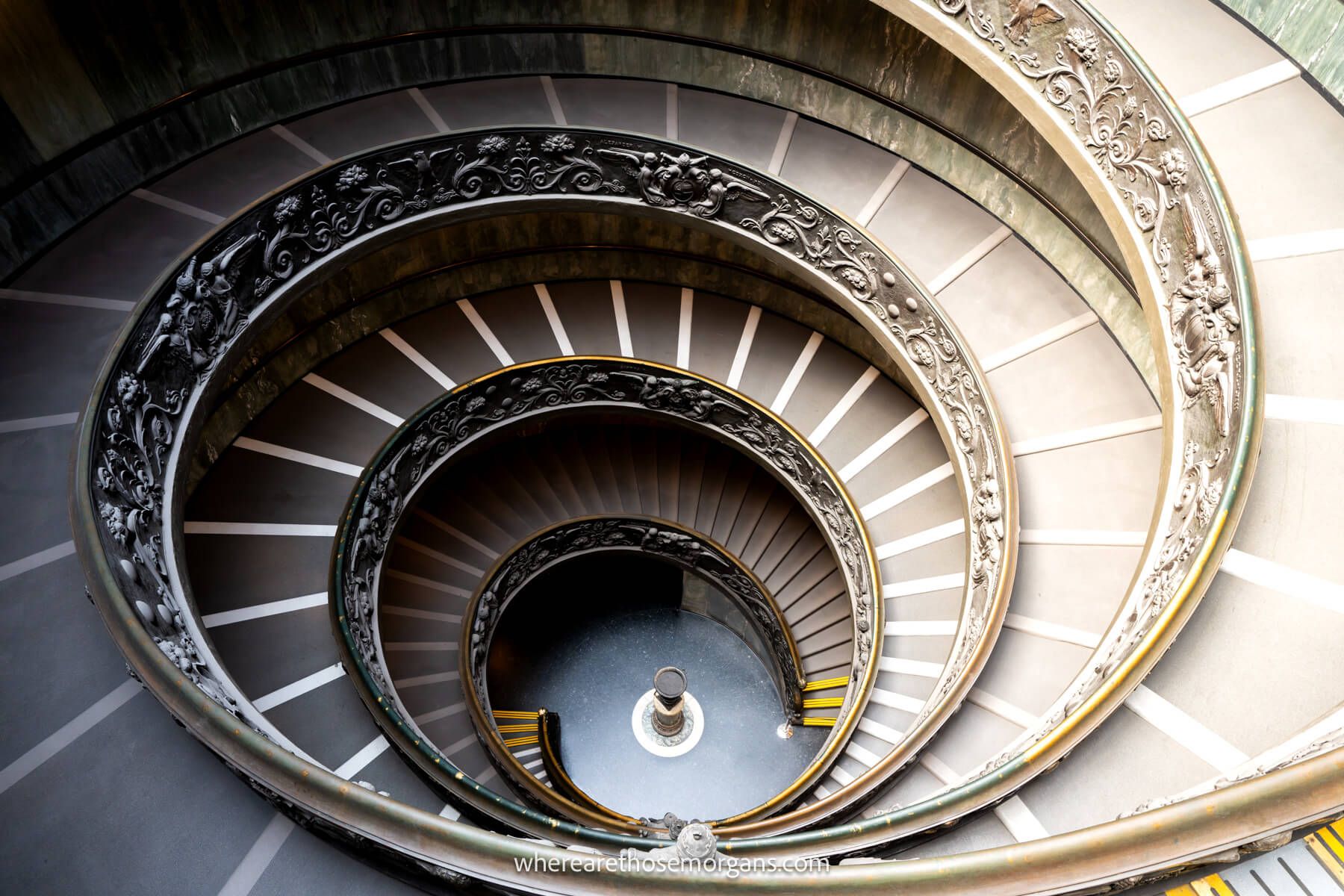 Photo of a spiral staircase like a snail inside the Vatican Museum called the Bramante Staircase