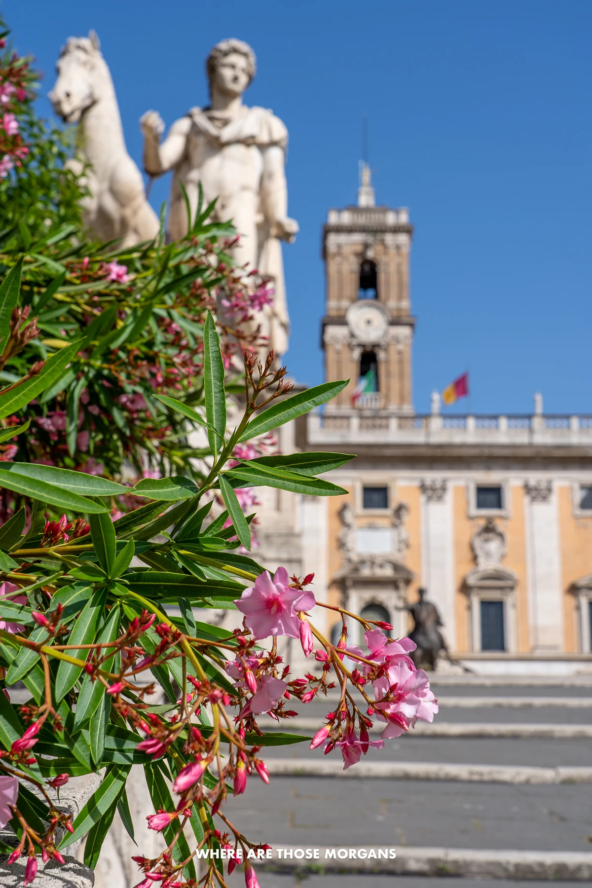 Steps leading to a building and sculpture next to flowers on a sunny day in Italy