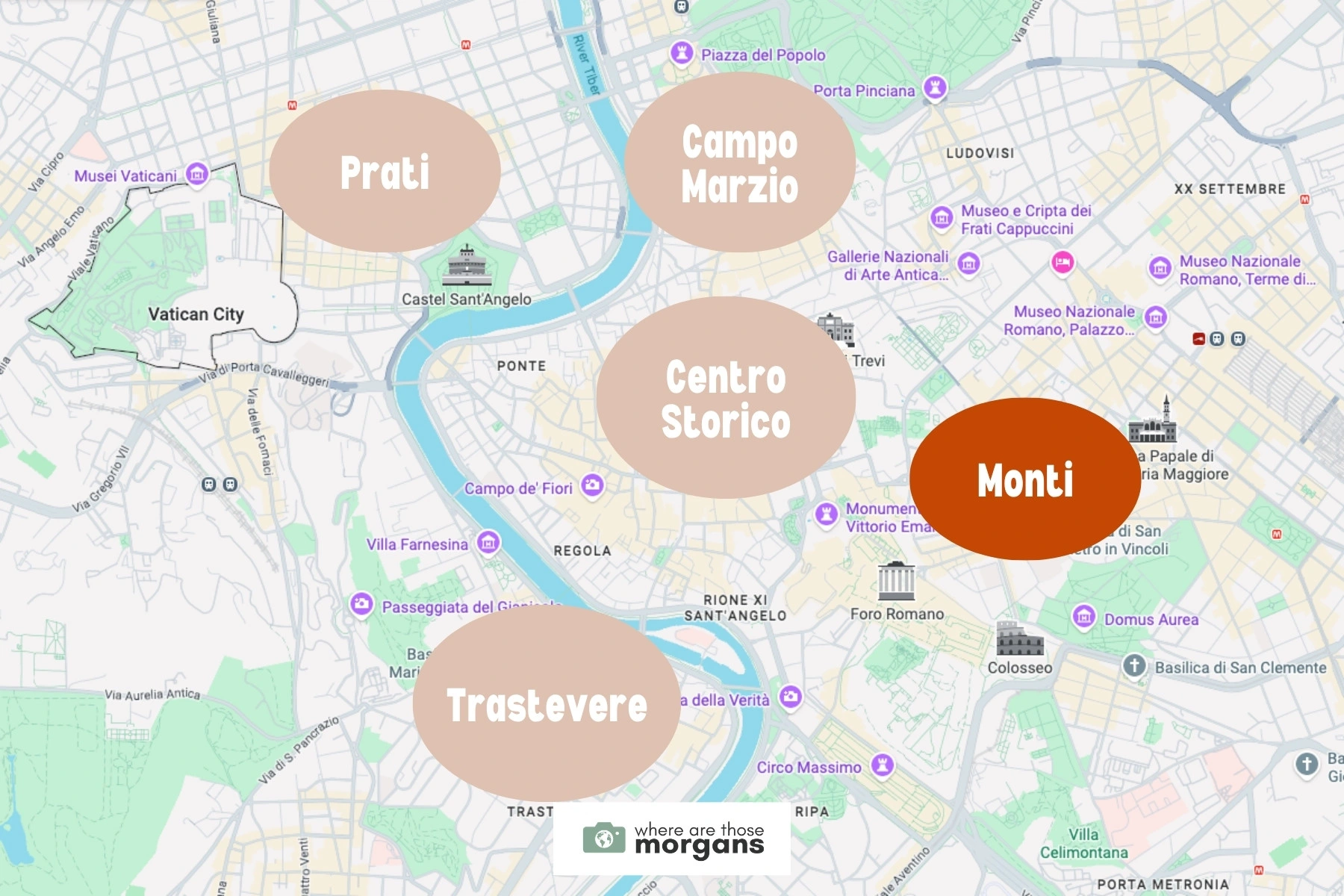 Map showing the location of the Monti neighborhood within Rome