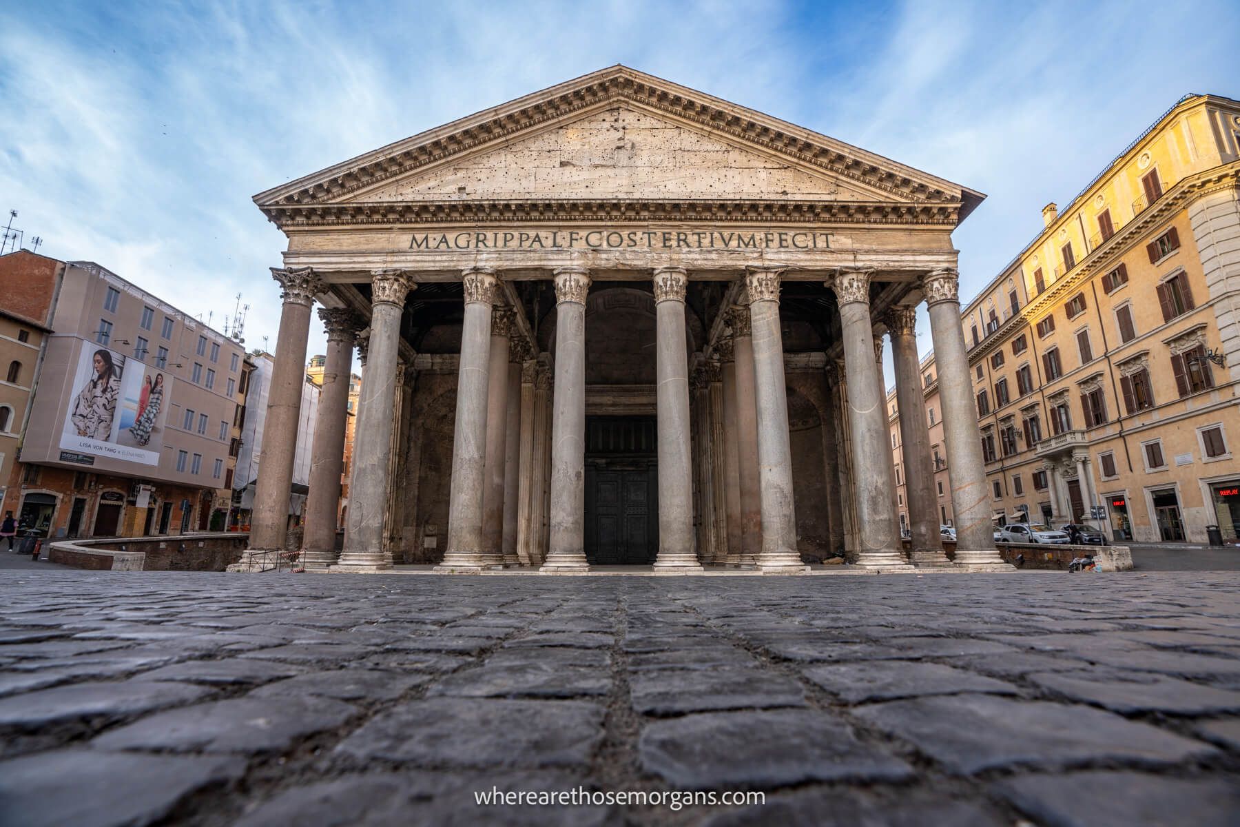 Photo of the outside of the Pantheon in Rome with nobody around at dawn