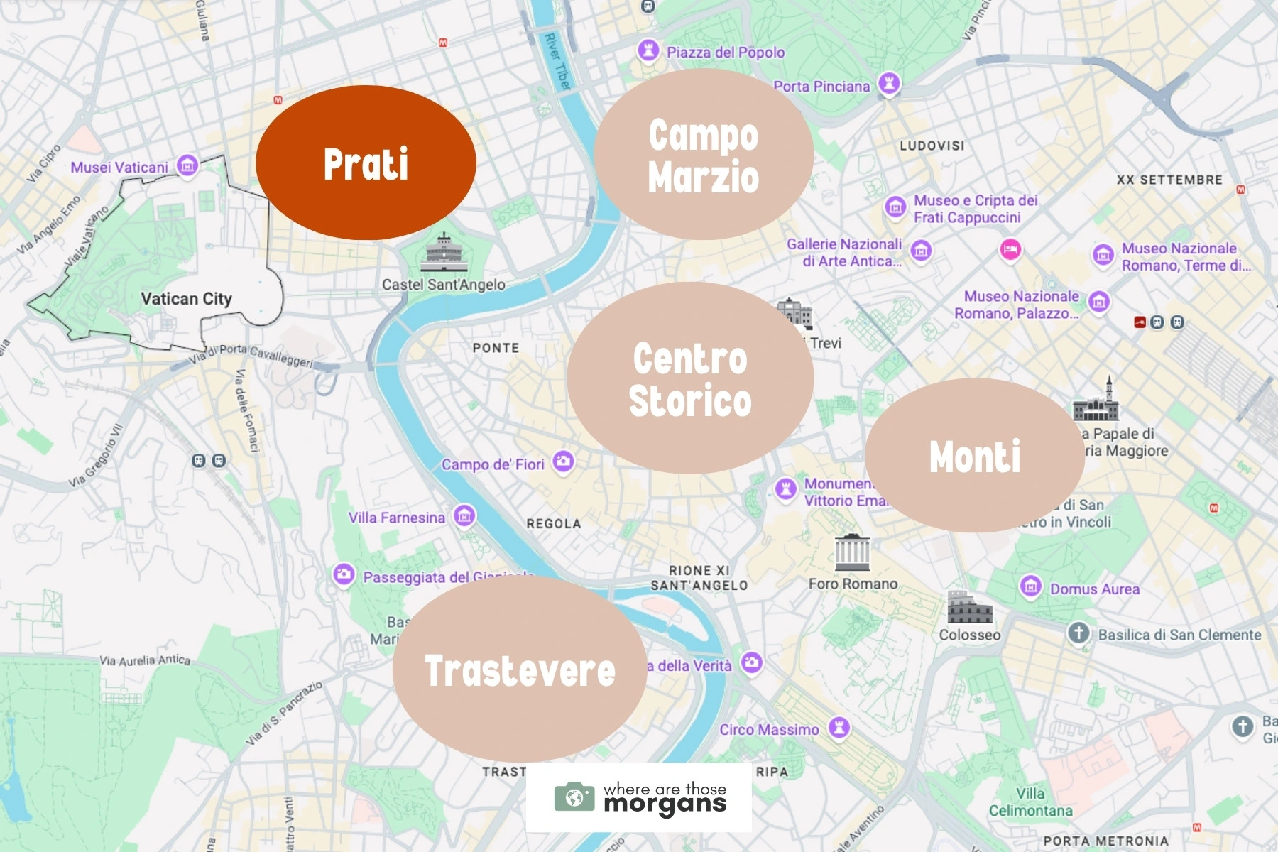 Map showing the location of the Prati neighborhood within Rome