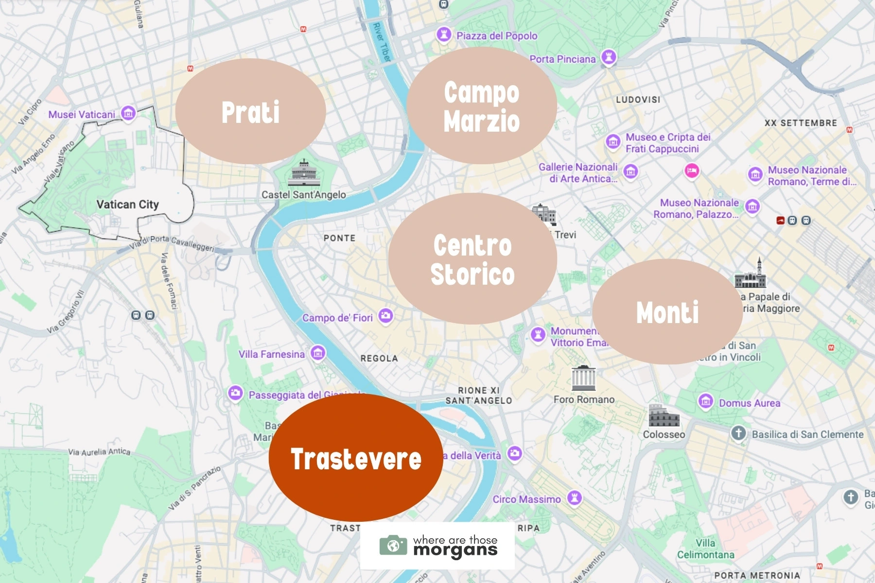Map showing the location of the Trastevere neighborhood within Rome