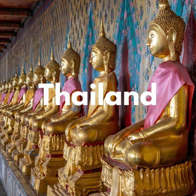 Photo of a line of gold Buddha statues with the word Thailand overlaid