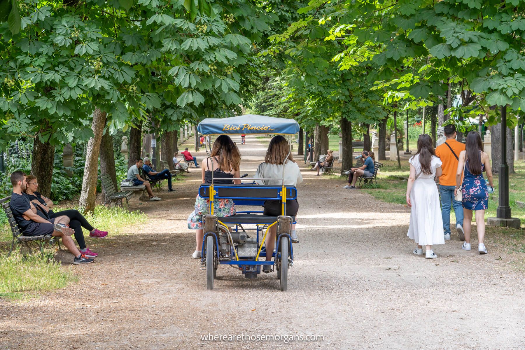 Photo of a 4-wheel bike being cycled by tourists on a wide gravel path through trees with green leaves in Villa Borghese