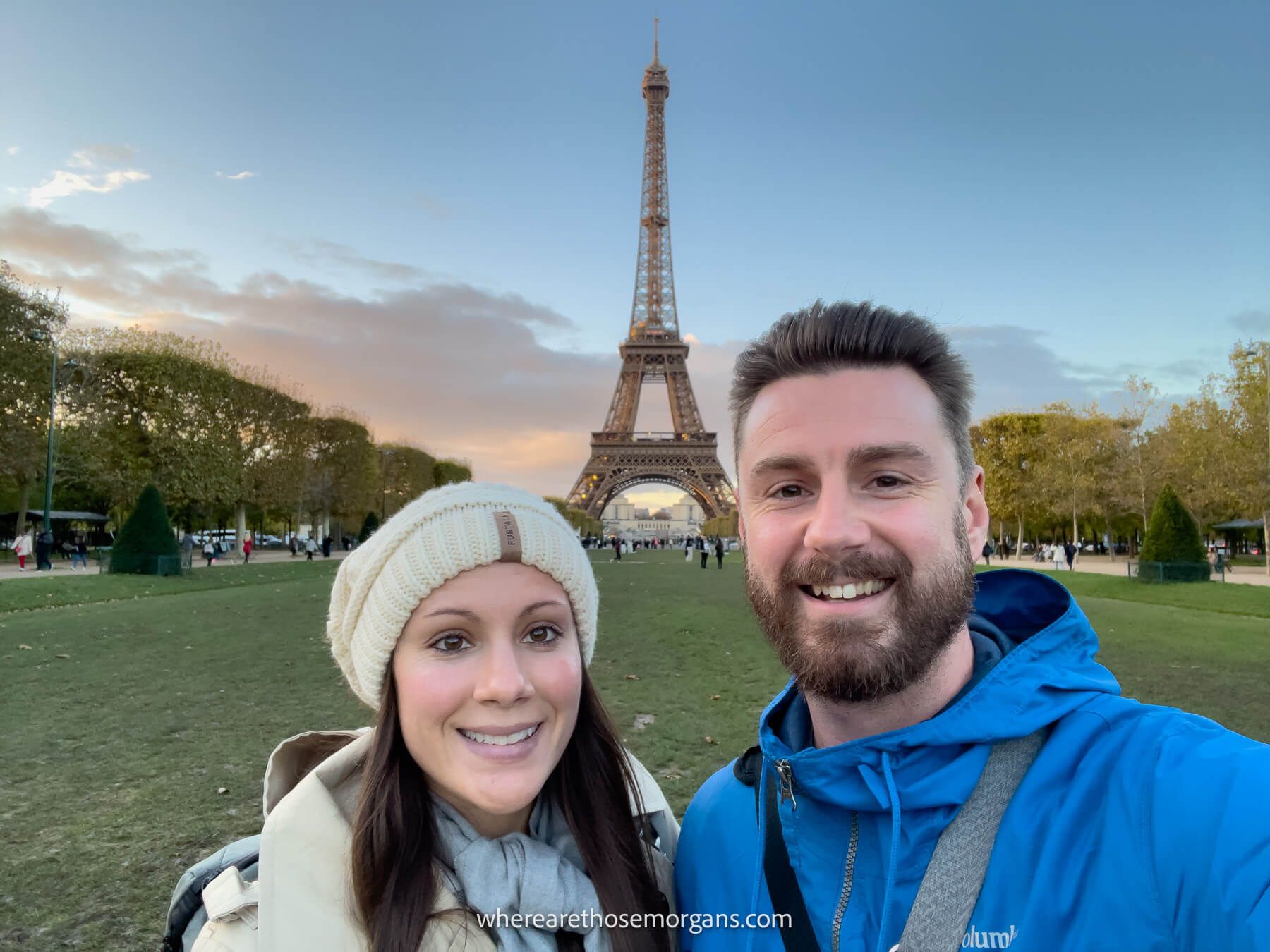 Photo of Mark and Kristen Morgan taking a selfie in front of the Eiffel Tower in Paris