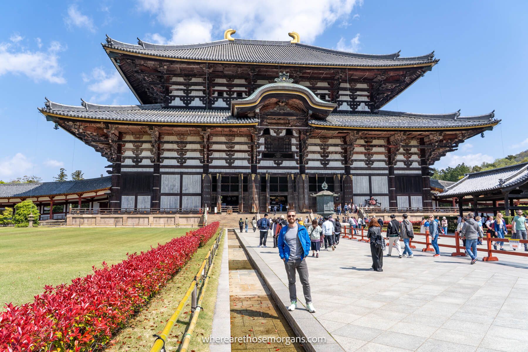 Photo of Mark Morgan from Where Are Those Morgans standing outside the enormous wooden structure of Todai-ji Temple on a sunny day in Nara, Japan