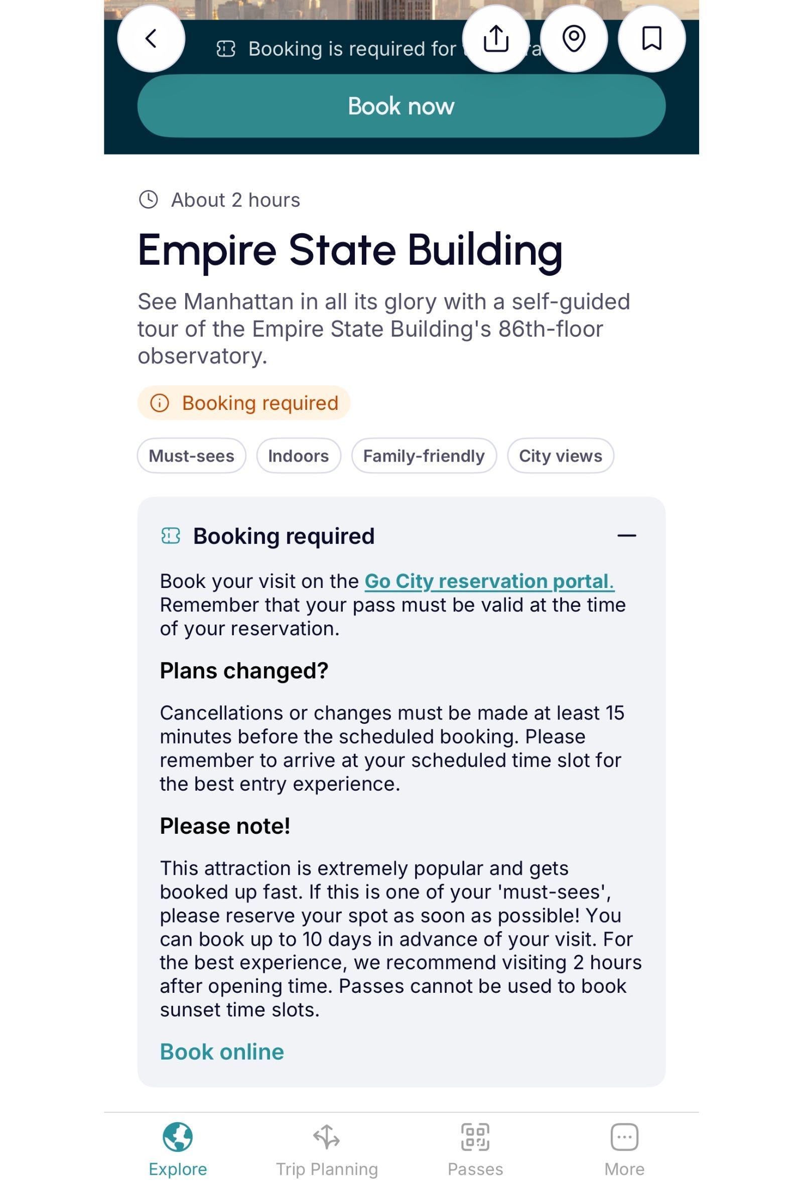 Screenshot of the explanation of how to reserve time slots for Empire State Building on Go City