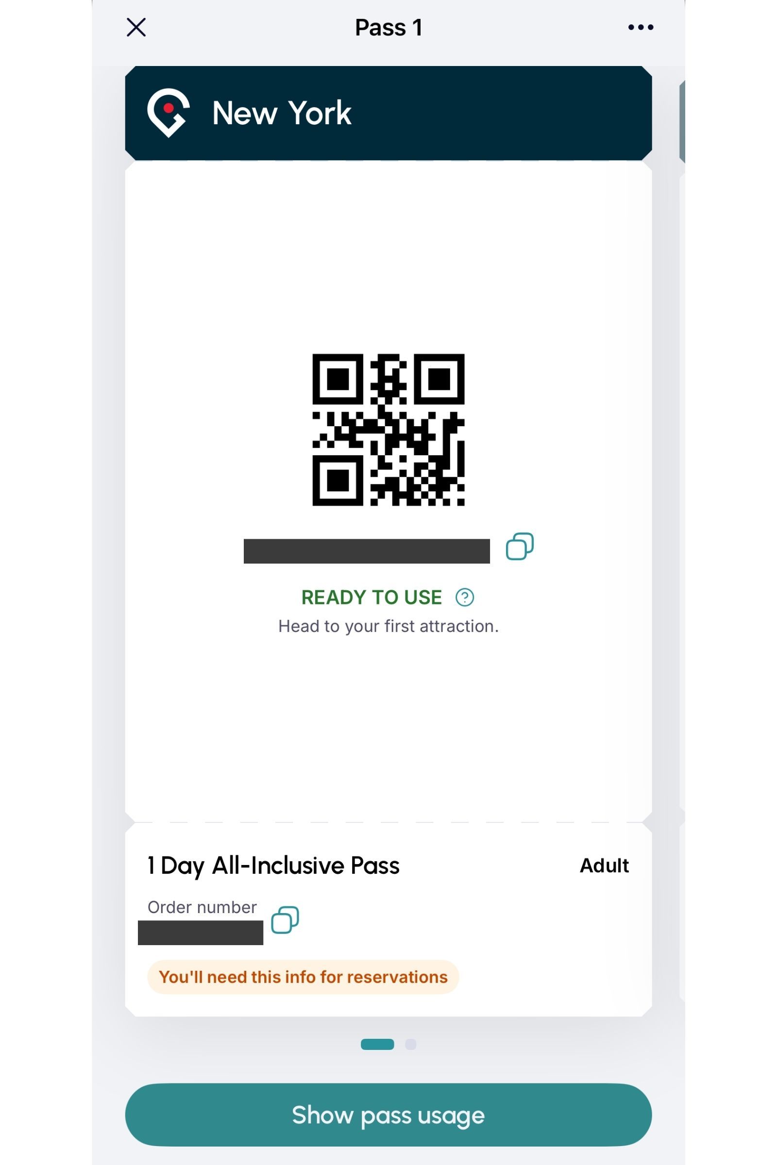 Screenshot showing a QR code for an attractions pass