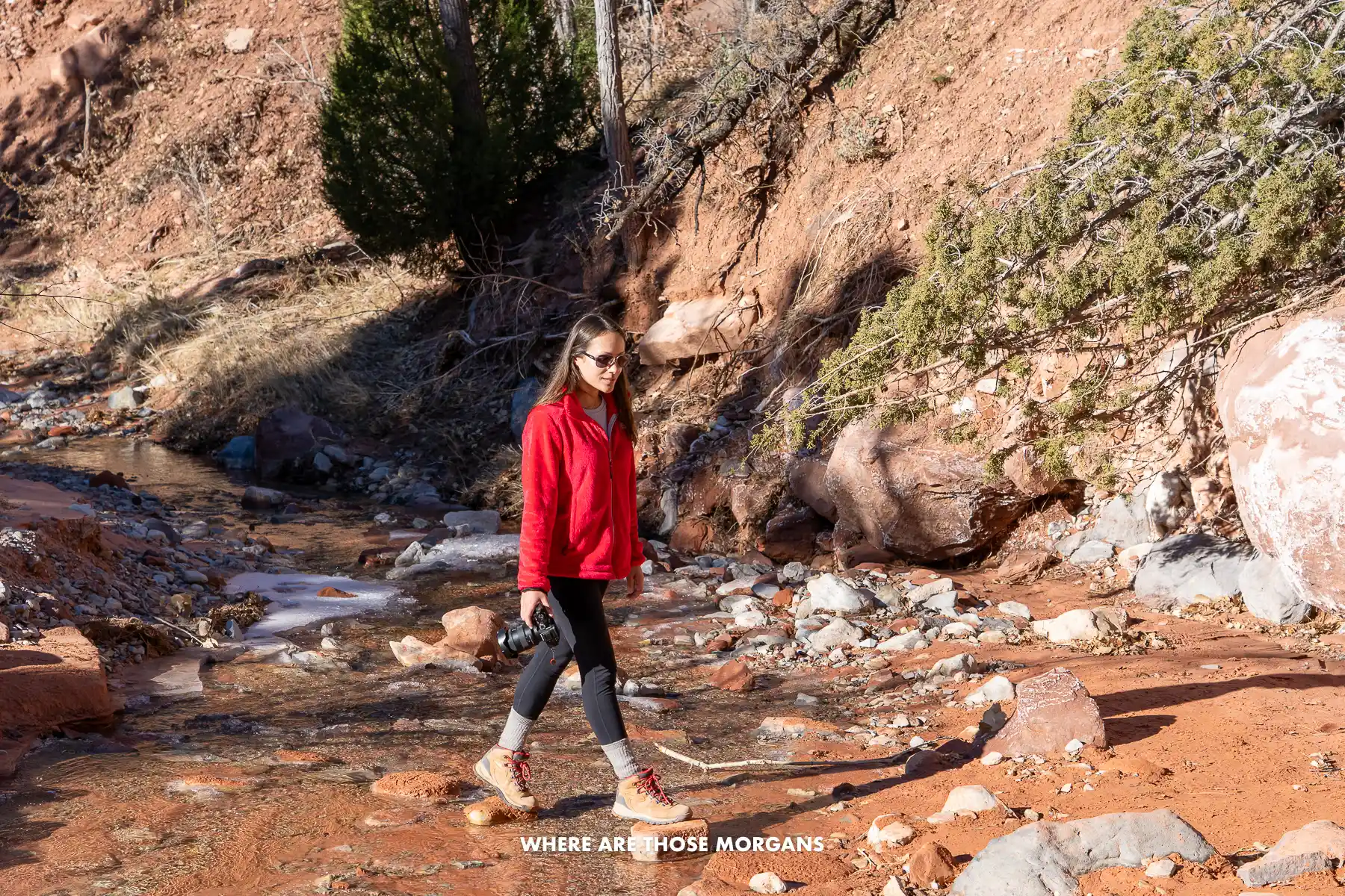 Photo of Kristen walking across a shallow river in the December sun in Kolob Canyons