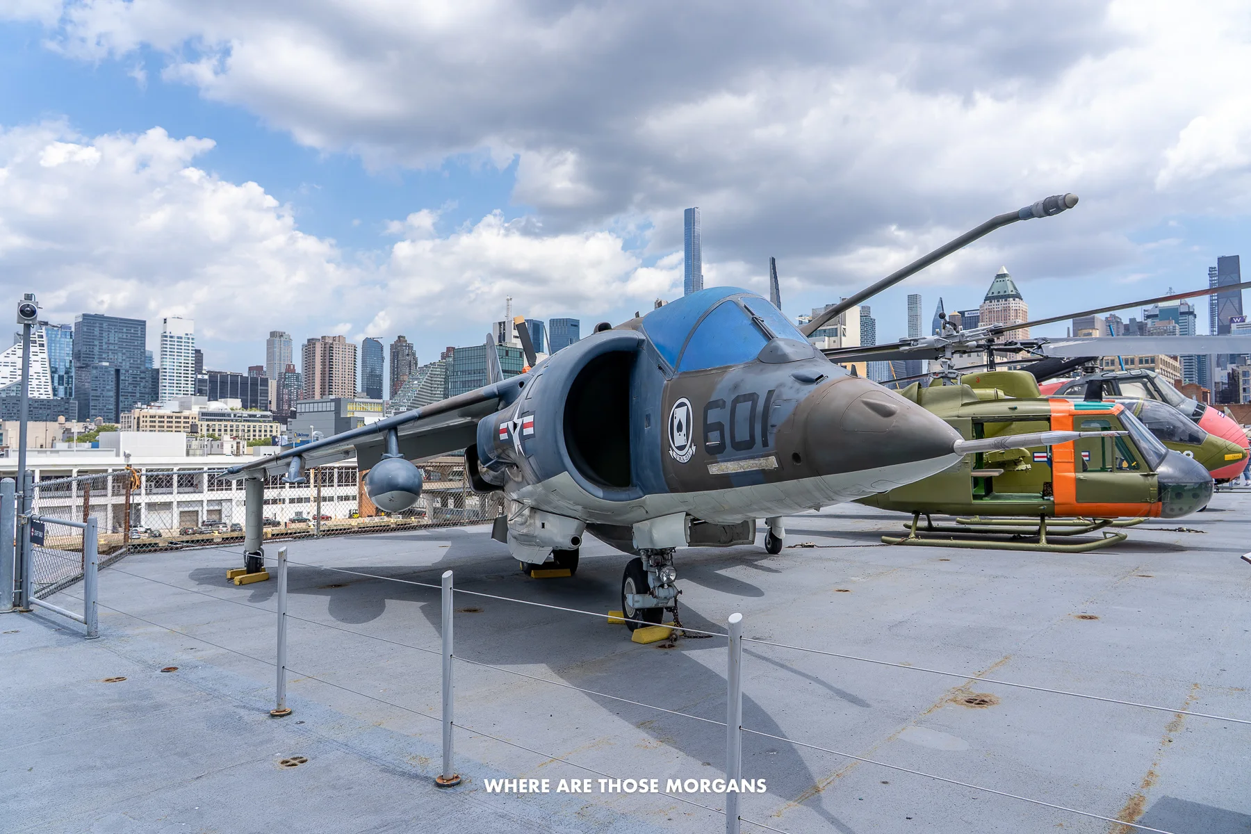 Photo of a fighter jet and helicopters on the deck of Intrepid in New York City