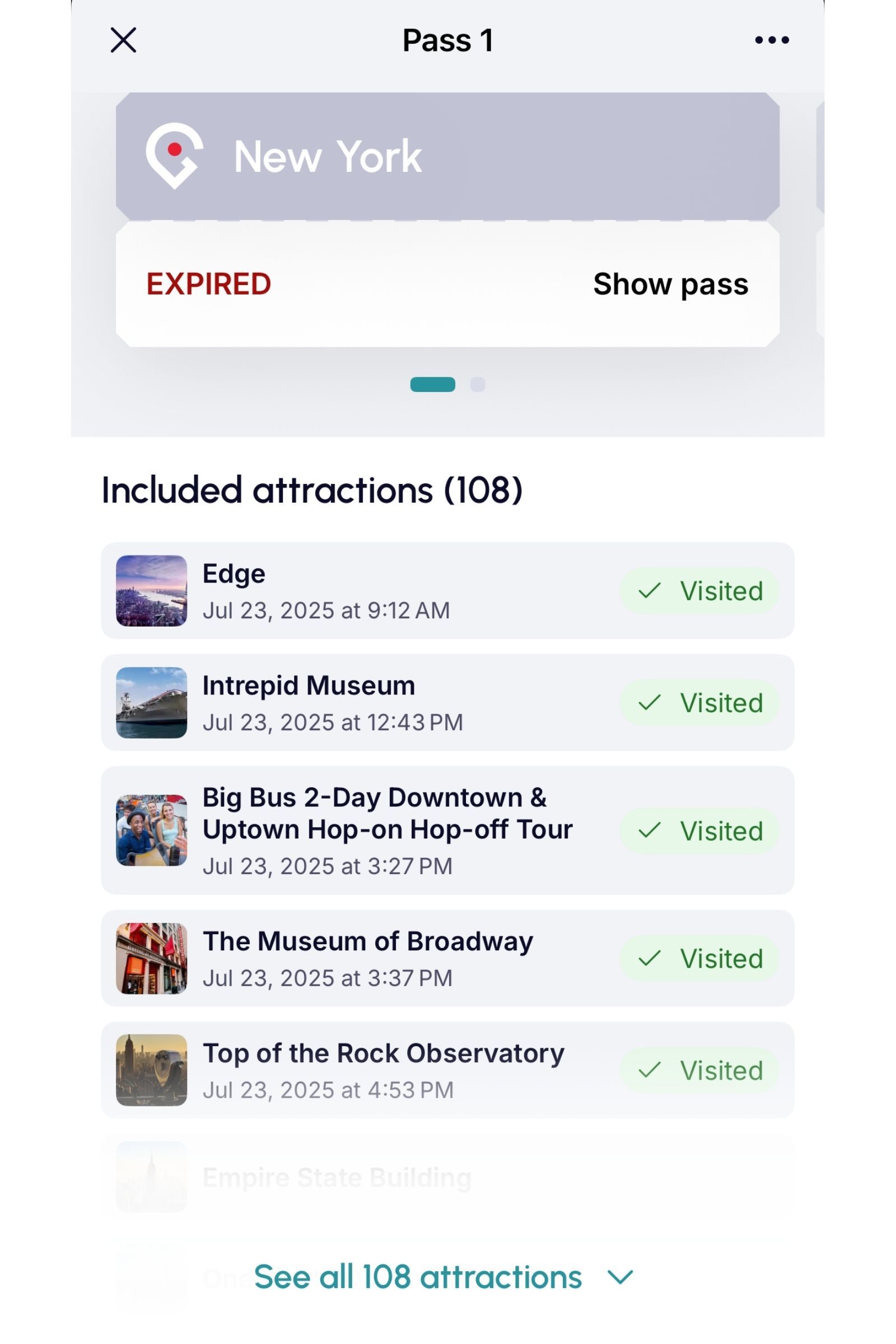 Screenshot photo of attractions visited on a Go City New York pass used by Where Are Those Morgans