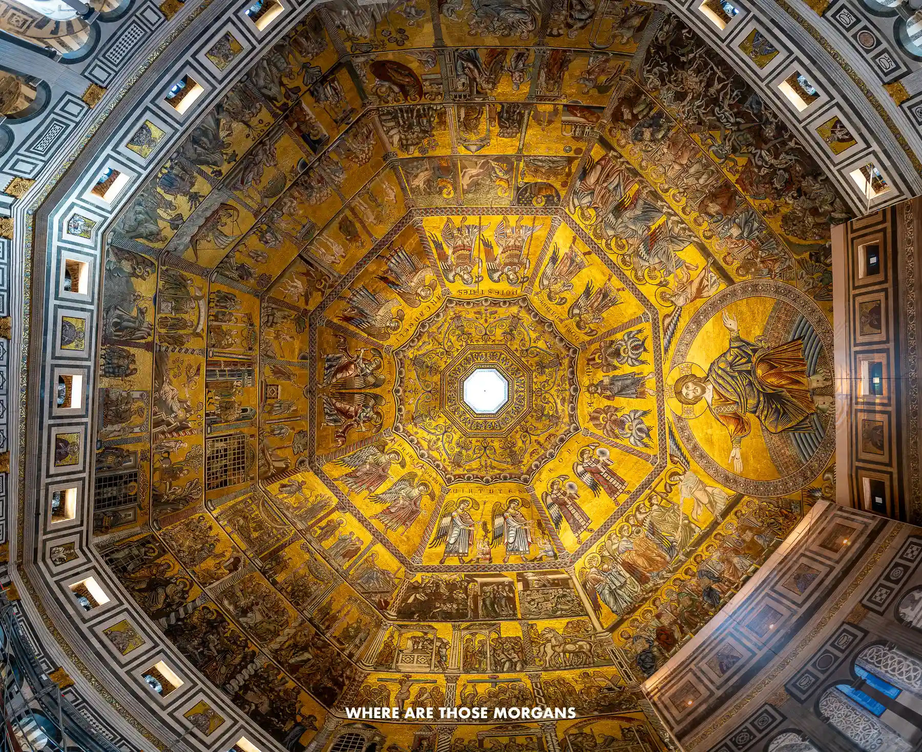 Photo of an intricate golden fresco on the ceiling of St John's Baptistry in Florence Duomo complex