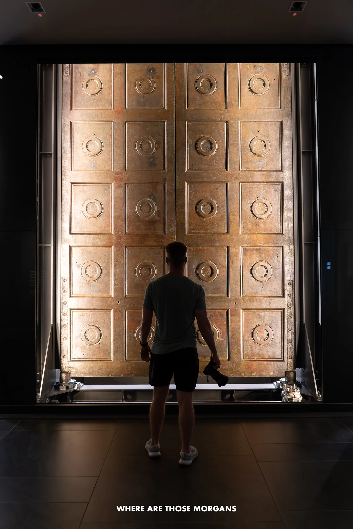 Photo of a tourist standing with a camera silhouetted in a dark room against a bronze door lit up inside a museum
