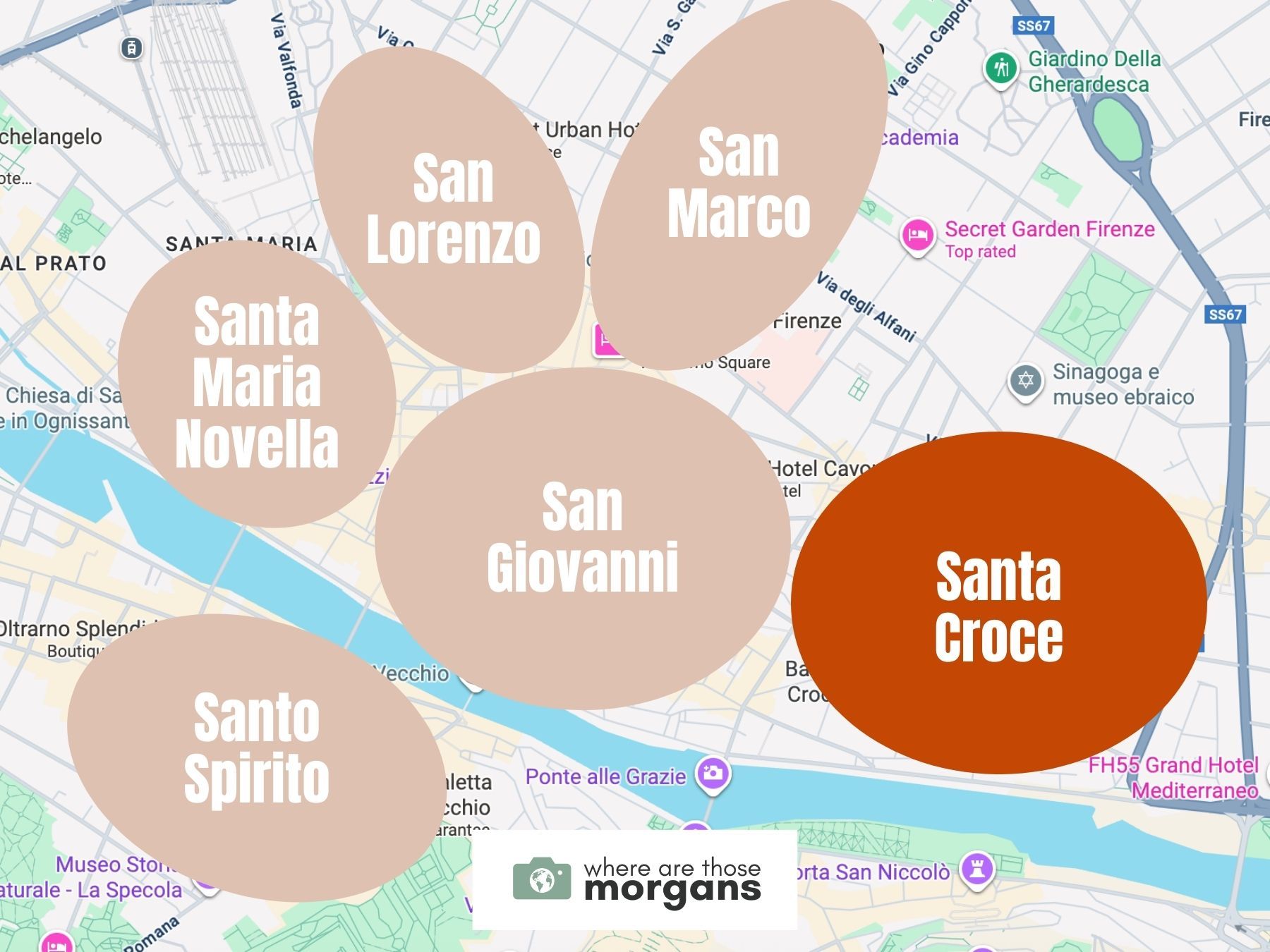 Map highlighting the Santa Croce neighborhood among 5 others in Florence