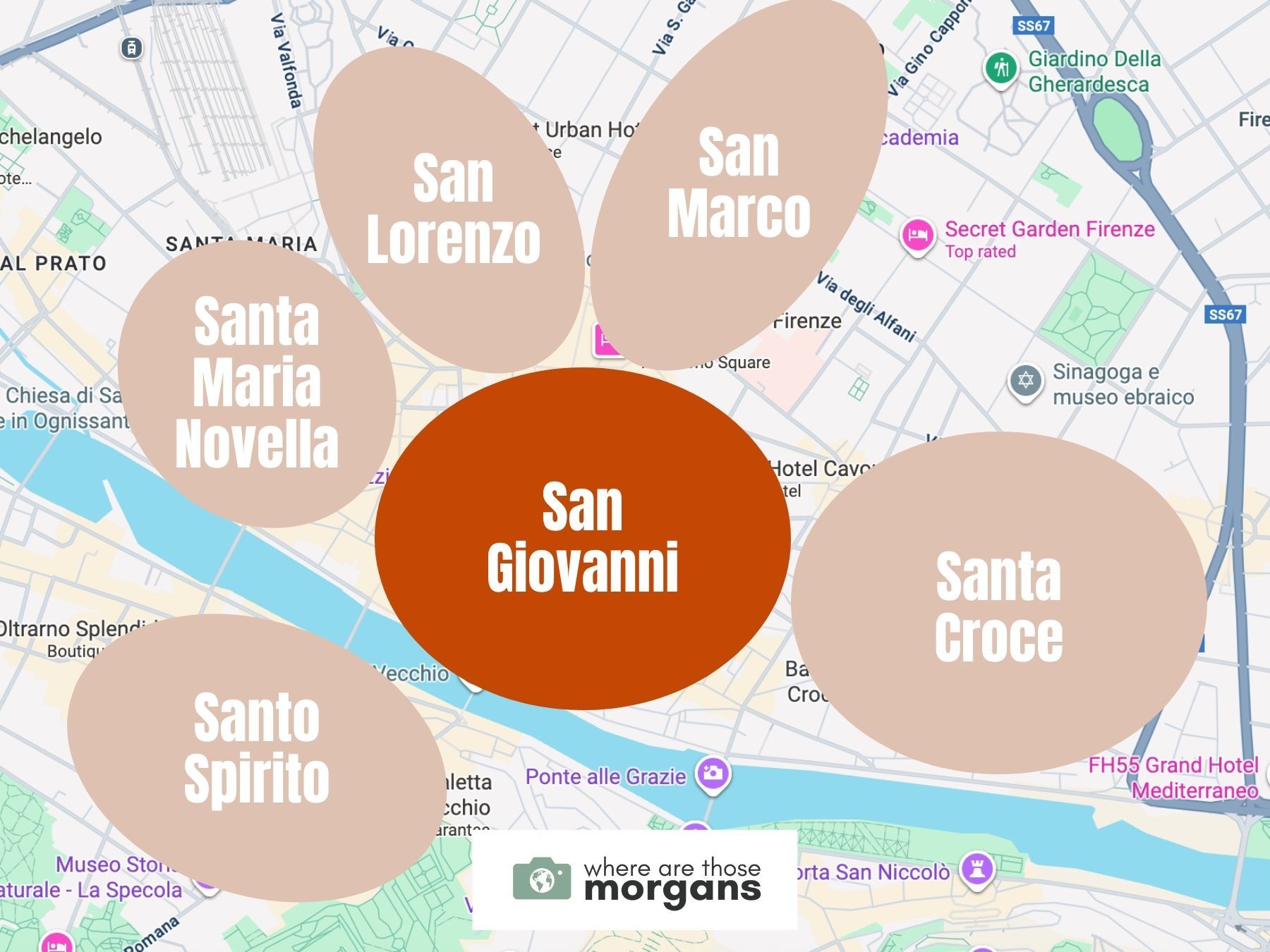Map highlighting the San Giovanni neighborhood among 5 others in Florence