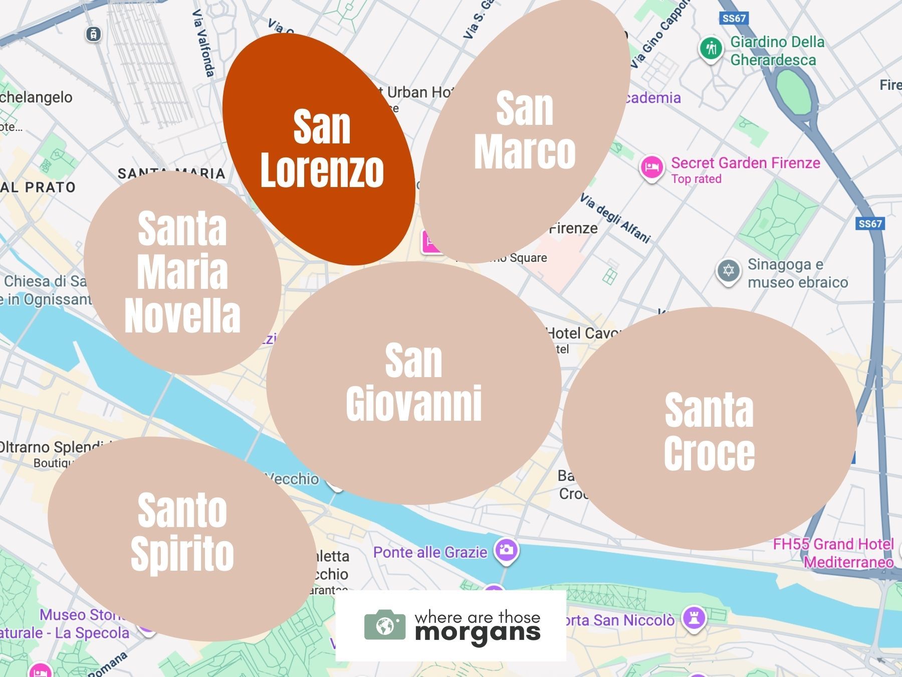 Map highlighting the San Lorenzo neighborhood among 5 others in Florence